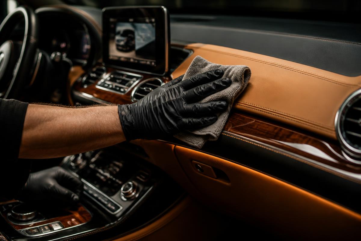 Professional detailer wiping leather dashboard and interior trim