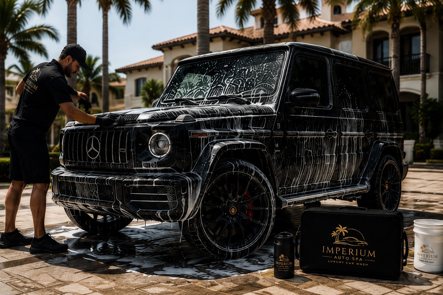 Imperium Auto Spa detailer washing a luxury SUV on site at a residential community